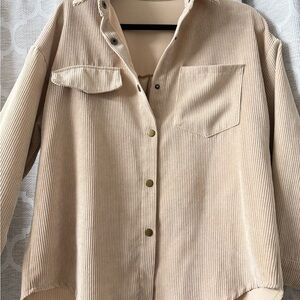 Neutral Beige Corduroy Button-Up Shirt Jacket
